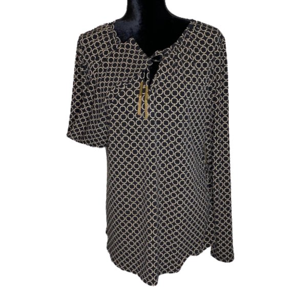 Michael by Michael Kors Blouse Womens Large Geometric Peasant Top Black Tan - Picture 9 of 14